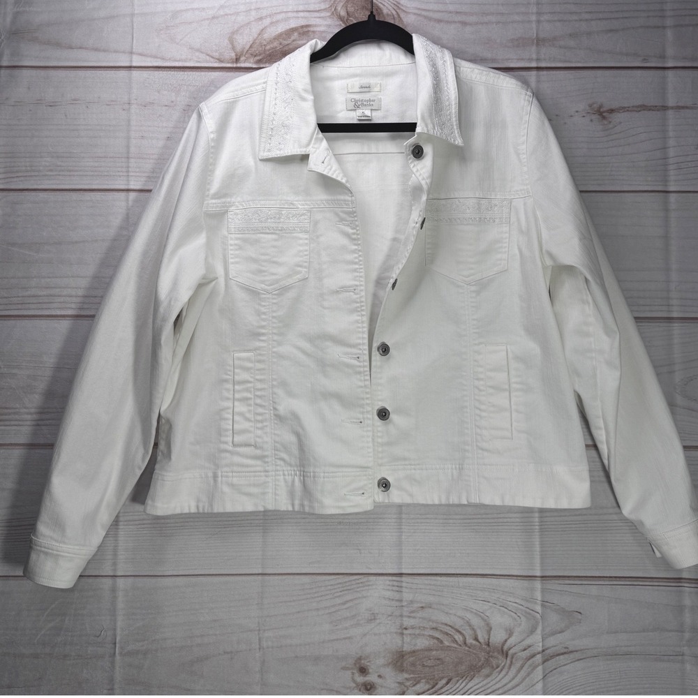 Christopher & Banks White Stretch Denim Jacket Embroidered Beaded XL